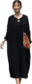[ChangNanJun] Women Beach Dress Applique Maxi Shirt Dress Linen Cotton Patchwork Long Bohemian Dress