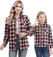 [SANGTREE] Girls' Women's Long Sleeve Flannel Plaid Shirt Button Down Cotton Tops, 3 Months - US 2XL, Pink Gray Plaid, 4-5T