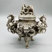 Tibet Silver Nine Dragon Censer Old Tripod Incense Burner Statue Collect Antique