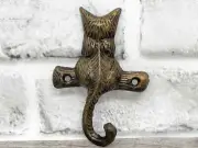 Cast Iron Painted 4" Single Rustic Brown Cat Coat Hat Key Purse Bag Hook Rack