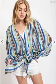Boho Blue Striped Long Sleeve Tie Front Oversized Women's Blouse Festival