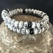 Mens Memory Wire Stainless Steel Black Onyx White Jasper 8mm Bead Bracelet 17708
