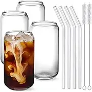 Drinking Glasses with Glass Straw 4pcs Set - 16oz Can Shaped Glass Cups, Beer Glasses, Iced Coffee Glasses, Cute Tumbler Cup, Ideal for Whiskey,Tea， Soda,Water, Gift - Cleaning Brushes (Four Pack)