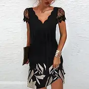 Women's Midi Dress Casual Dress Shift Dress Elegant Fashion Basic Lace Sleeve Vacation Daily Holiday Regular Fit Floral Short Sleeve V Neck Scalloped Neck Blac