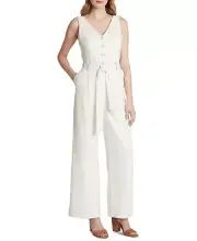 NEW TAHARI ASL IVORY WHITE LINEN BELTED WIDE LEG JUMPSUIT SIZE 16 $139