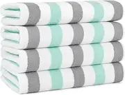 Arkwright Cabo Cabana Stripe Beach Towel - Pack of 4 - Large Soft Quick Dry Cotton Terry Towels for Pool, Swim, and Hot Tub, Oversized 30 x 70 in, Grey/Mint