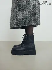 Black Signature Leather Forever Comfort® Chunky Lace Up Boots (B80111) | $71