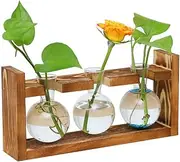 Plant Terrarium with Wooden Stand, Wall Hanging Glass Planter Tabletop Propagation Bulb Vase Metal Swivel Holder Retro Rack with 2 Bud Bottle for Hydroponics Plants Home Office Decor