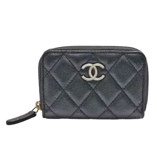 CHANEL 經典白色雙C LOGO菱格紋炫彩小牛皮拉鍊零錢包(藍色)