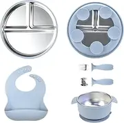 Stainless Steel Toddler Plate with Suction | Divided Suction Baby Feeding Plate with Fork Spoon Bib Bowl | Dishwasher-Safe Tableware Led Weaning Supplies Utensils for High Chair Indoor Outdoor Table