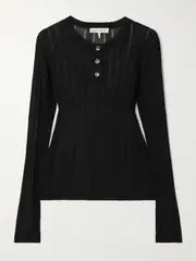 [FRAME] FRAME - Ribbed-knit Henley Top - Black - small small Black
