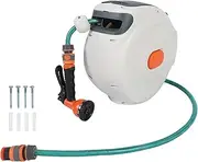 XTevu Hose Reel, Retractable Garden Water Hose with Sprayer Nozzle and Any Length Lock, 10m Slow Return Wall Mount Hose Reel, Standing 180° Swivel Water Hose System