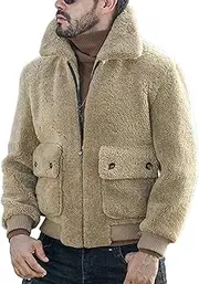 [Generic] Men’s Winter Fur Collar Thick Jacket Full-Zip Fleece Lined Sherpa Jackets Cotton Warm Faux Fur Cargo Coat, Khaki, XX-Large