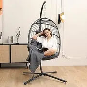 SWITTE Egg Chair With Stand - Indoor/Outdoor Hanging Swing Chair, Wicker With Cushion, 350lbs Capacity for Patio (Dark Grey)