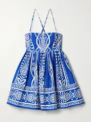[Cara Cara] Cara Cara - Leo Pleated Printed Cotton-poplin Mini Dress - Cobalt blue - small small Blue