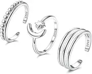 [Sllaiss] 925 Sterling Silver Toe Ring for Women 3 Pieces Band Toe Ring Set White Gold Adjustable Toe Rings Knot Star Moon Open Toe Ring Summer Foot Jewellery