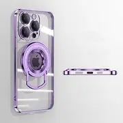 for iPhone 12 13 14 Pro Max 14 Plus Metal Bracket Transparent Soft Shell Drop Car Cover Electroplate Magnetic Phone Case,Purple,for iPhone 13Pro Max