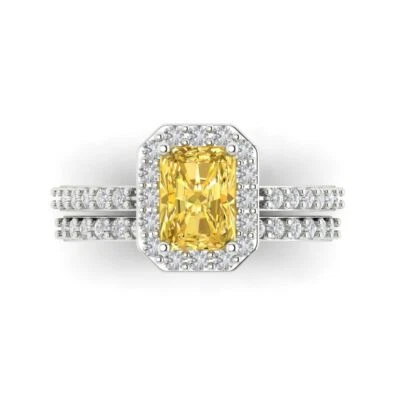 2.20ct Emerald Halo Natural Citrine Promise Bridal Ring Band set 14k White Gold