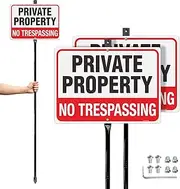 T&R Large No Trespassing Sign Private Property Sign with 54" Stake - 2 Pack - 14"x10" .040 Rust Free Aluminum, Reflective, Waterproof and Fade Resistant, 2 pre-drilled holes, Includes Matching Screws
