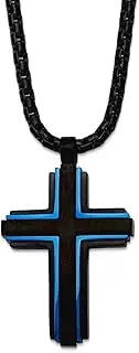 [JewelryWeb] 27mm Stainless Steel Brushed and Polished Black And Blue Ip Plated Religious Faith Cross Pendant a Box Chain Necklace 61 Centimeters Chain-Necklace for Women and Men
