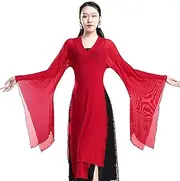[Generic] Women's Chinese Dance Tops Sheer Wide Sleeve Wrap Front Side Split Hanfu Top
