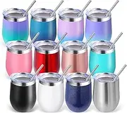 Volhoply 12oz Stainless Steel Wine Tumbler with Lid Bulk 12 Pack,Double Wall Vacuum Stemless Wine Glasses,Reusable Metal Travel Coffe Mug with Straw,Insulated Cups Gifts for Christmas（Assorted,12 Set）