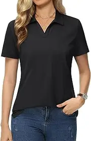 [MAGCOMSEN] Women's Polo Shirts Cotton Short Sleeve V-Neck Collared Tops Golf Shirt Work Casual Summer Tee