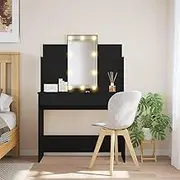 Dressing Table with LED Lights Black 96x40x142 cm,Elegant LED Dressing Table with Mirror and Spacious Storage for Enhanced Makeup Application Vanity Units