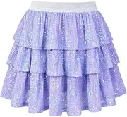 [Mirawise] Girls Metallic Sequin Skirt Ruffle Sparkle Shiny Skirts Dance Outfit Party Elastic Waist 3-Layers Skorts Size 6-13