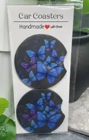 2 PC Car Cup Holder Coaster Set 2.75" Anti Slip Silicone Back New Butterfly