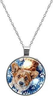 [Diusye] Necklaces for Women, Corgi and Pawprints Blue Print Stainless Steel Pendant Necklace Jewelry Birthday Anniversary Wife Girls Friends Gift