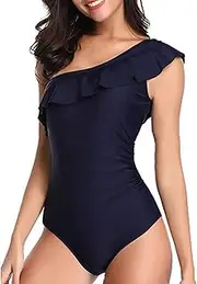 [Xiaojian] Women's One Piece Swimsuits Lotus Leaf Slanted Shoulder Bikini Swimsuit One-piece Slim Swimsuit