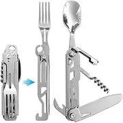 Joycube 6 in 1 Detachable Camping Utensils Flatware Set, Multifunction Travel Pocket Cutlery Folding Spoon, Fork, Knife, Wine Bottle Can Opener Portable Combo Set Stainless Steel