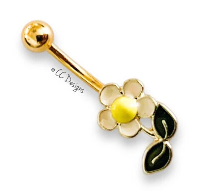 14g Gold IP green yellow white enamel daisy flower belly button ring (B21)