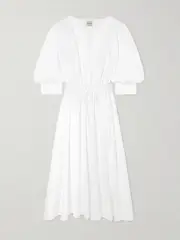 [Tod's] Tod's - Gathered Tie-front Cotton-poplin Midi Dress - White - IT42 IT 42 White