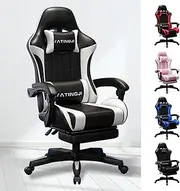 PORIYA Gaming Chair,with Massage Function,Height Adjustable,PU Leather Racing-Style Executive Seat,Reclining Capability,Suitable for Office Chair (Black and White with Head Cushion)