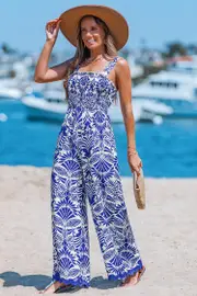 Cupshe Whimsical Bloom Ornate Jumpsuit - Blue,M