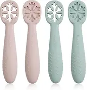 PandaEar Snowflake Design Baby Spoon Set (4 Pack)|BPA Free Stage One Silicone Self Feeding Utensil| Baby Led Weaning| Kids Toddlers 6 Months+ (Pink/Green)