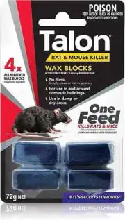 Selleys Talon 4 Wax Blocks Rat Mouse Mice Poison Killer Bait 72g Single Feed