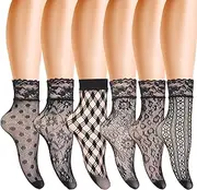 [Vokmon] 6 Pairs Sexy Lace Ankle Socks, Ladies Pop Socks, black pop socks, Fashion Black Fishnet Socks, Women's Thin Fashion Socks, Black, One size