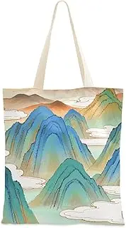 [Yoogain] customizable Chinese Landscape Mountain Green Tote Canvas Bag Chinese Landscape Mountain Green Canvas Tote Bag With Pockets for Coworker Womens Tote Bag, Chinese Landscape Mountain Green, 1 size