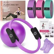 Pilates Ring Set, Pilates Equipment for Home Workouts, 14 Inch Magic Circle with Padded Handles, Mini Exercise Ball, 3 Resistance Bands, Non-Slip Socks, Essentials Kit for Women, Beginners, Fitness