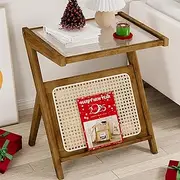 PPN Rattan Bamboo Glass End Table Boho Mid-Century Modern Nightstand Small Space Living Room Bedroom Brown