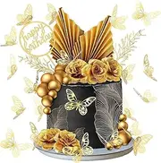 53Pcs Mother's Day Gold Cake Decoration Boho Cake Topper Flower Butterfly Palm Leaves Balls Cake Toppers for Women Girls Birthday Graduation Party Supply