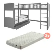 Lucy Solid Pine Corner Triple Bunk Bed & Thermis Mattress Package