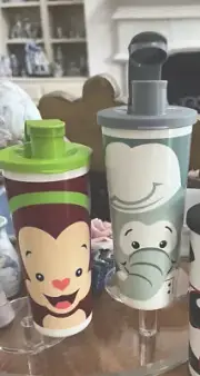TUPPERWARE ZOOLOGICO ZOO TUMBLER SET 2 Pc MONKEY ELEPHANT 16 oz TEA CUPS NEW