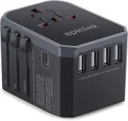 Universal Travel Adapter with 5.6A Smart Power, USB-C, AC Plug for USA/EU/UK/AUS