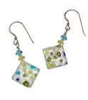 Earrings - Millefiori, Clear Glass Floral Design, Crystal Bead Accents, 1.5 Inch