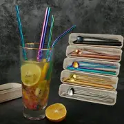 4Pcs Metal Drinking Reusable Straws + 2 Cleaner Brush +1 Wheat Straw Case