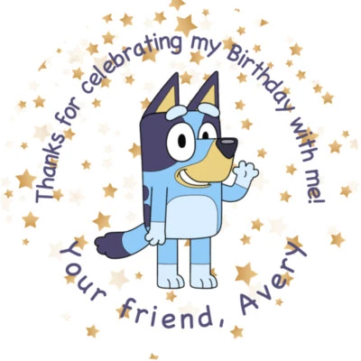 36 Bluey Party Bag Birthday LABELS STICKERS 2.5" ROUND personalized V1